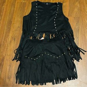 NWT Black Fringe Skirt & Vest Set Size M US 6